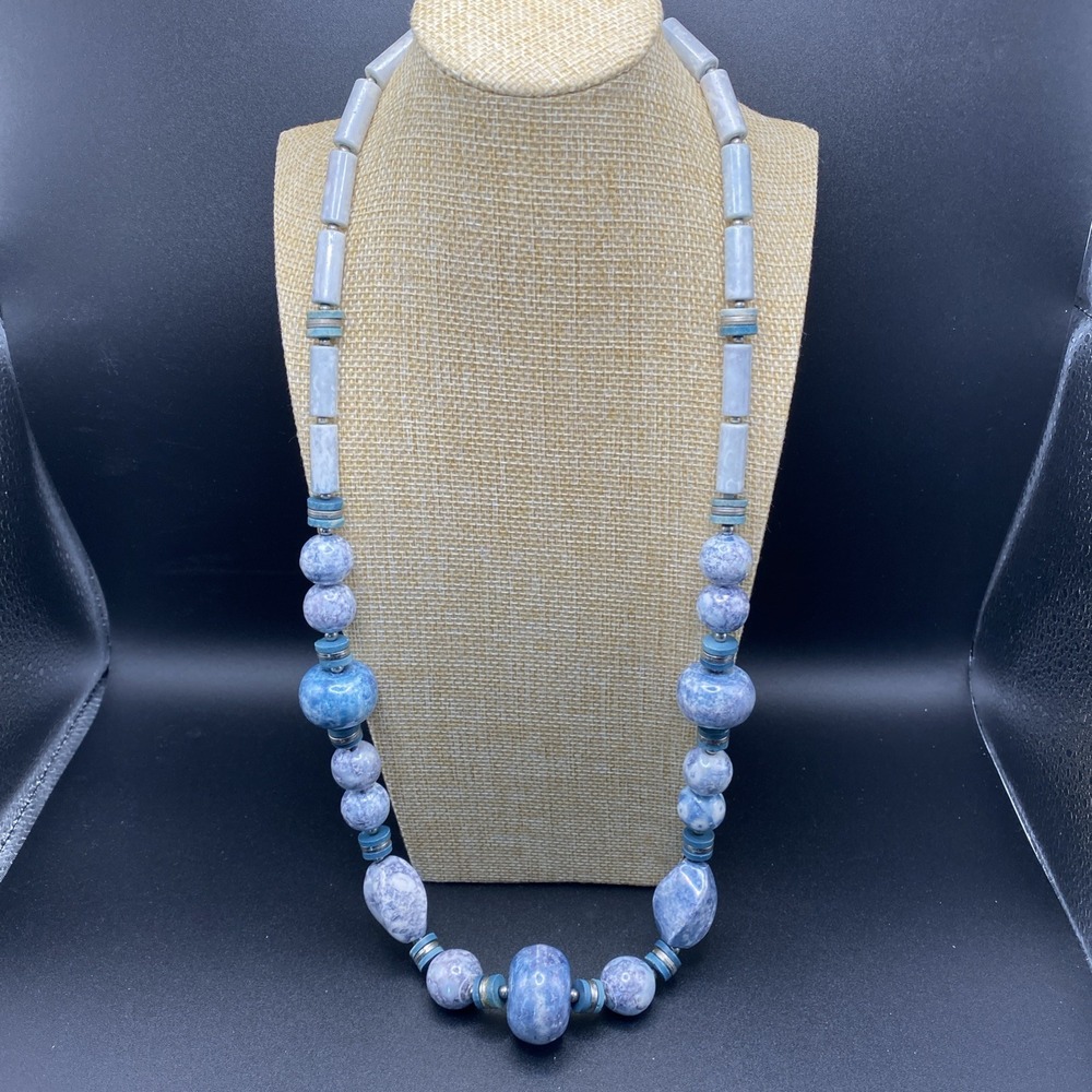 Signed Japan Ceramic Necklace 80s Blue Grey Marbled 31"